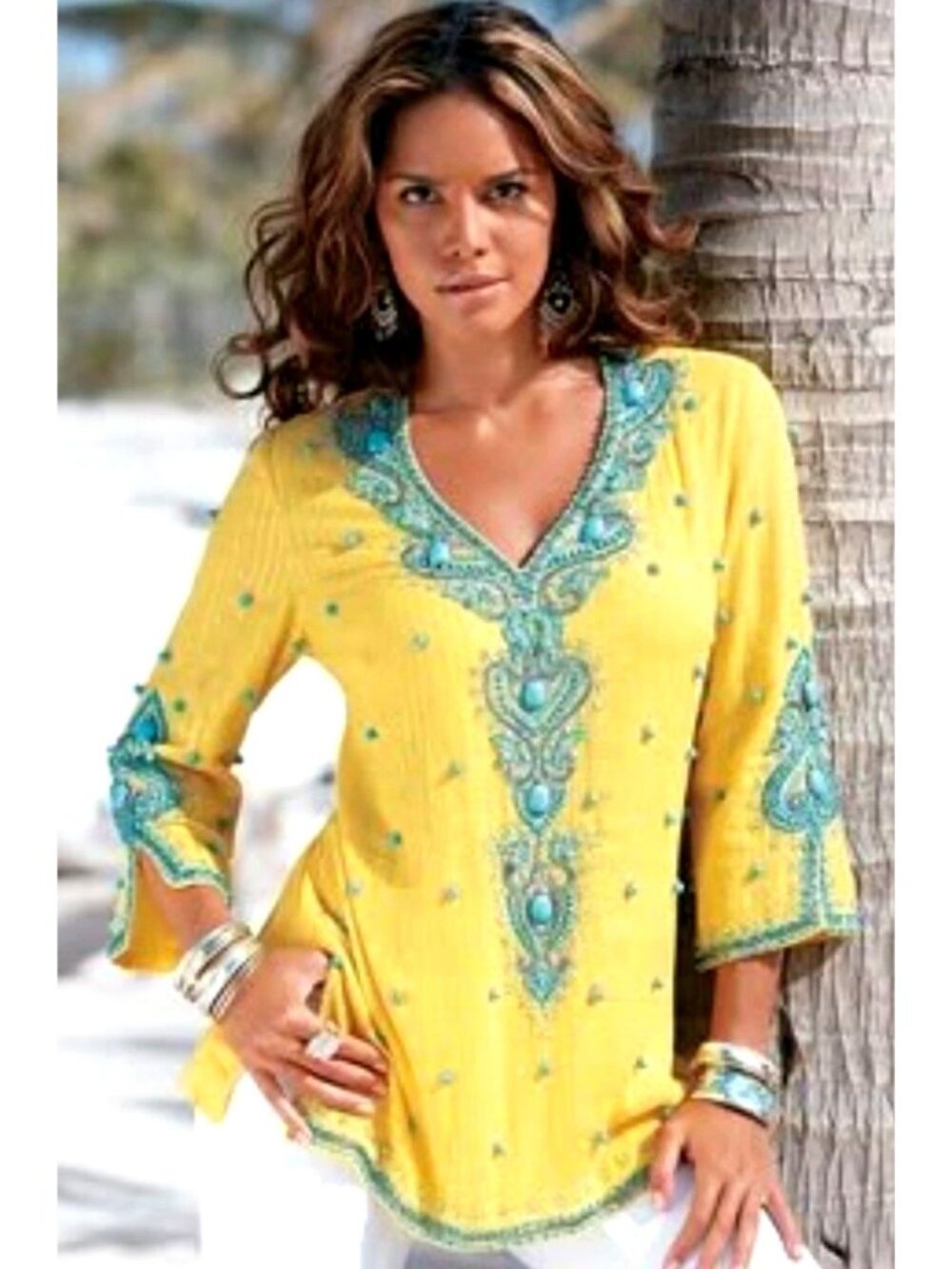 Boston Proper Yellow Beaded Tunic Top Beach Travel Cover Up Swim Size S Cruise